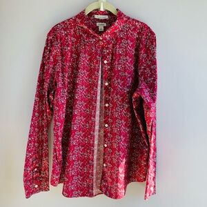 NWOT LL Bean Button Front Shirt Pink Maroon Ditzy Floral Wrinkle Resist Classic